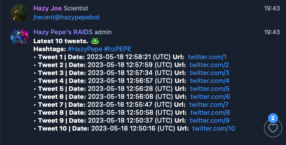 HazyPepe's tweet photo. 🐸 Today we had a good progress of testing #HazyPepe engagement bot in our TG group

Hazy Pepe's bot can:
Greet new members
Push latest tweets in the group
Show 10 latest tweets

More features will be added
More optimisation needed

Soon it will be available to the public $hzPEPE https://t.co/vSJtASspfI