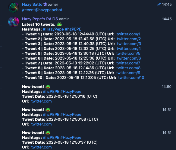 HazyPepe's tweet photo. 🐸 Today we had a good progress of testing #HazyPepe engagement bot in our TG group

Hazy Pepe's bot can:
Greet new members
Push latest tweets in the group
Show 10 latest tweets

More features will be added
More optimisation needed

Soon it will be available to the public $hzPEPE https://t.co/vSJtASspfI