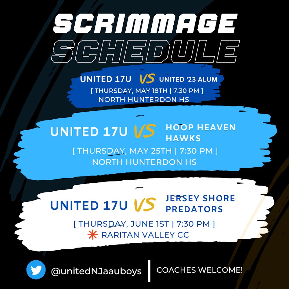 SteveDonahue24's tweet photo. Here is our United 17U schedule for early summer scrimmages.  @unitedNJaauboys @MontgomeryBB3 @_TomKeller @PrepHoops_NJ @NJHoops https://t.co/a8Kb9wjTp6