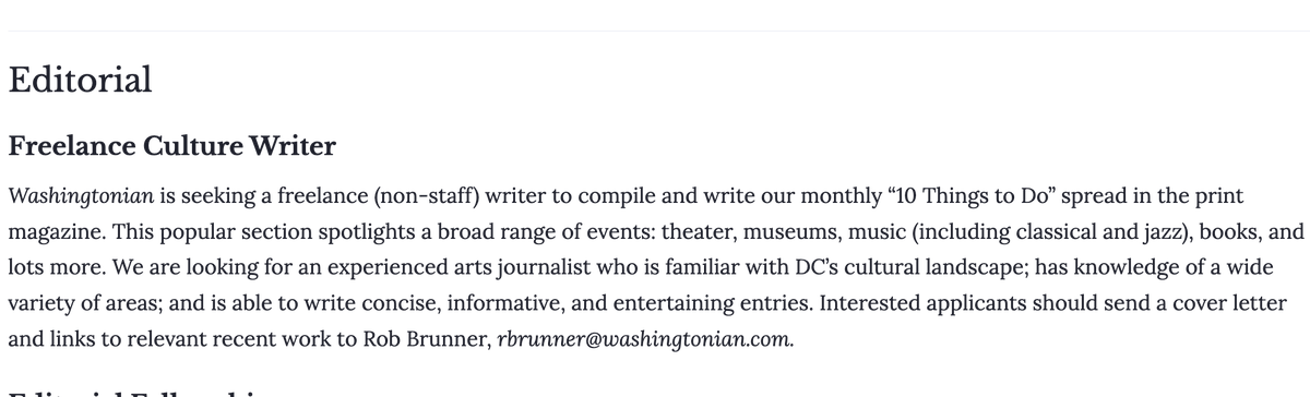 RobBrunnerDC's tweet photo. I'm looking for a freelance culture writer for @washingtonian's monthly "10 Things to Do in DC" list. Pay is competitive, DC-area residency preferred but not required. It's a fun thing to put together! Info here (scroll down): https://t.co/KpVtcWYmv2 https://t.co/U1fihXeQbd