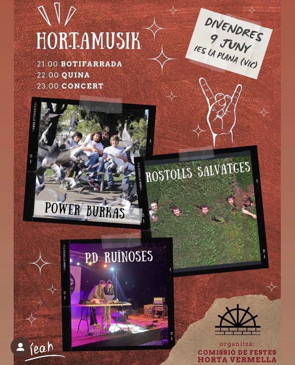 Festeshvermella's tweet photo. TORNA L’HORTAMUSIK! Divendres 9 de juny podrem ballar els temacles dels @PowerBurkas , els Rostolls Salvatges i les PD Ruïnoses. Abans hi haurà botifarrada i la Quina a càrrec de “la Protxa i l’Ust”. Us esperem a tots a partir de les 21h a l’IES La Plana. @aj_vic @vic_cultura https://t.co/Sj2POub5dg