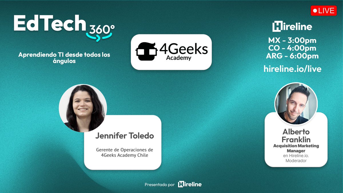 hirelineio's tweet photo. 🟢 ¡Hoy tenemos EdTech360º! Conoceremos cómo es aprender programación con @4geeksacademycl 🇨🇱
🔔 Activa el recordatorio, aquí nos vemos: https://t.co/BF7XsEqZaV
#EdTech360 #AprendeProgramacion #Hireline #ConectaConElFuturo https://t.co/5qnSzpX60p