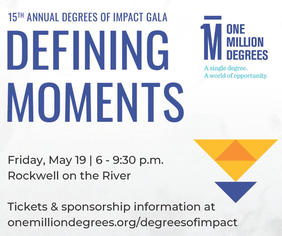 One Million Degrees (@1milliondegrees) on Twitter photo Happening tomorrow - celebrate a year of outstanding achievements by scholars and the community at Defining Moments, our 15th annual Degrees of Impact gala.  
Limited tickets are still available! e.givesmart.com/events/qMg/ Happening tomorrow - celebrate a year of outstanding achievements by scholars and the community at Defining Moments, our 15th annual Degrees of Impact gala.  
Limited tickets are still available! e.givesmart.com/events/qMg/
