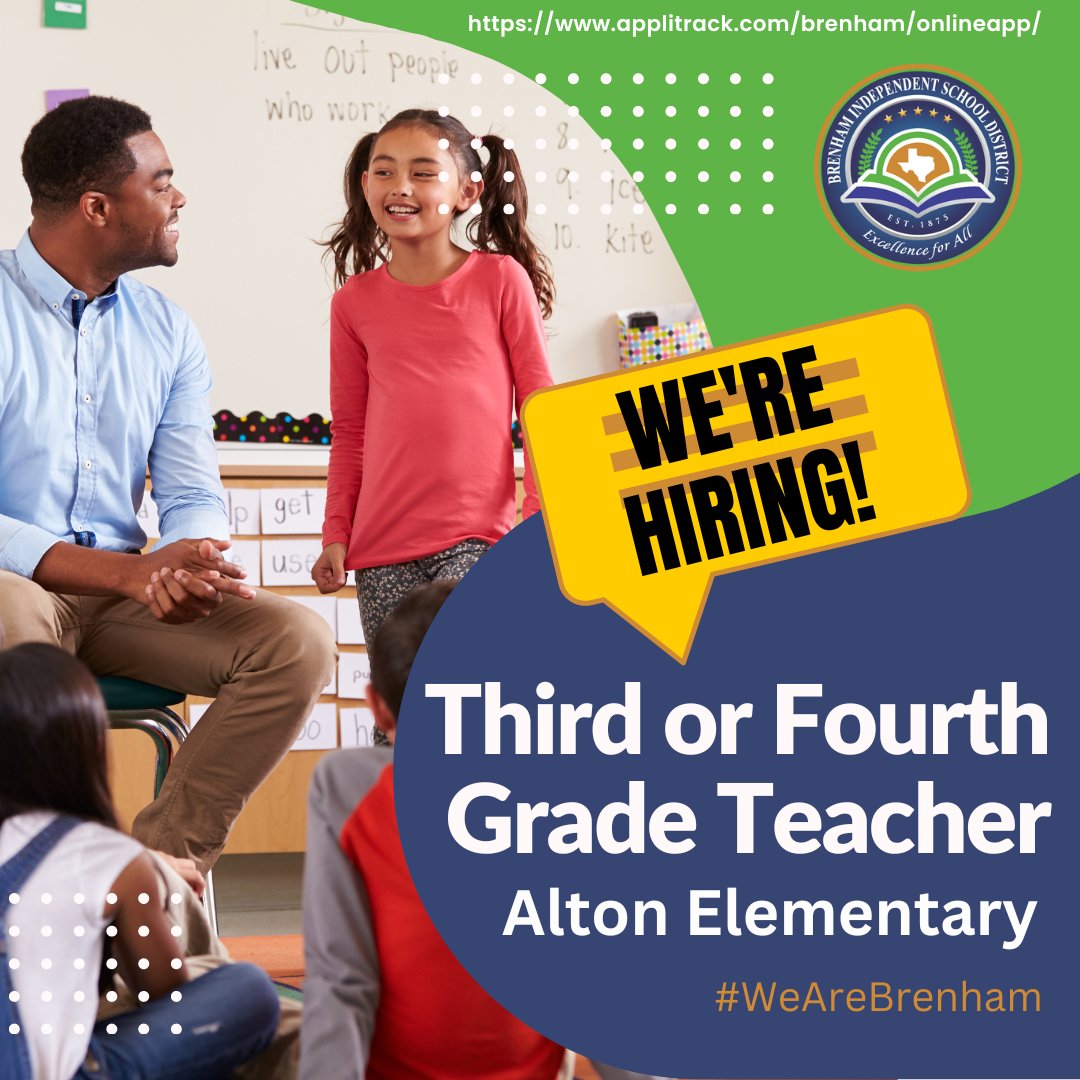 Alton Elementary School is hiring for an Elementary Teacher! View the job posting at applitrack.com/brenham/online….  <a href="/BrenhamISD/">Brenham ISD</a> <a href="/AltonElementary/">Alton Elementary</a> #WeAreBrenham