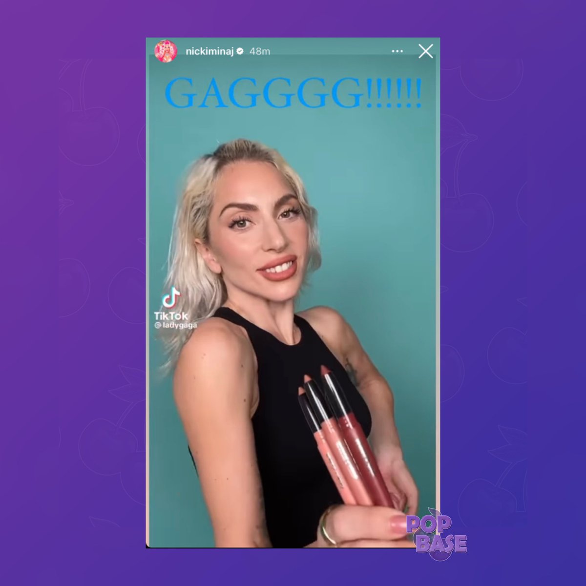 Nicki Minaj reacts to Lady Gaga using her remix of Ice Spice’s ‘Princess Diana’ in a TikTok. 

“GAGGGG!!!!!!”