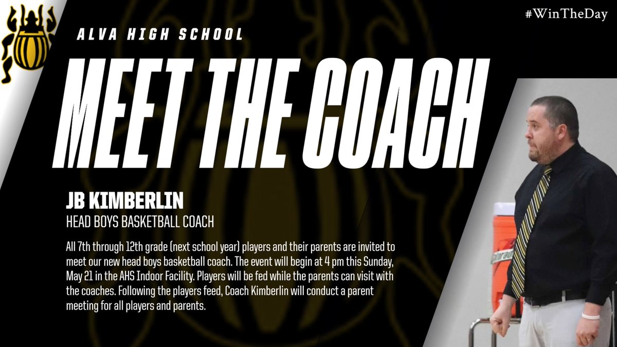 AlvaHighSchool's tweet photo. Attention AHS and AMS basketball players &amp; parents: we will be hosting a "Meet the Coach" event to introduce our new head boys basketball coach this Sunday, May 21st at 4 pm in the indoor facility. Players will be fed followed by a parent / player meeting. https://t.co/sGfy94qsMs