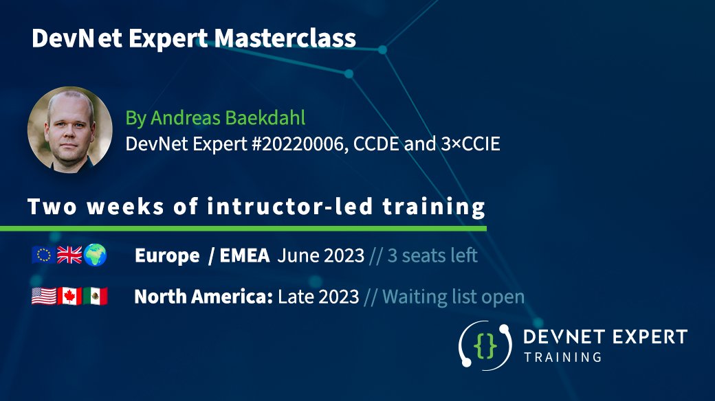devnettraining's tweet image. Exciting news for DevNet Professionals and Specialists! Join the DevNet Expert Masterclass led by Andreas Bækdahl in June. Limited availability with only 3 seats remaining! Don&apos;t miss this two-week hands-on event.  devnetexperttraining.com  #DevNetExpert #CCIE #CCDevE @CiscoDevNet