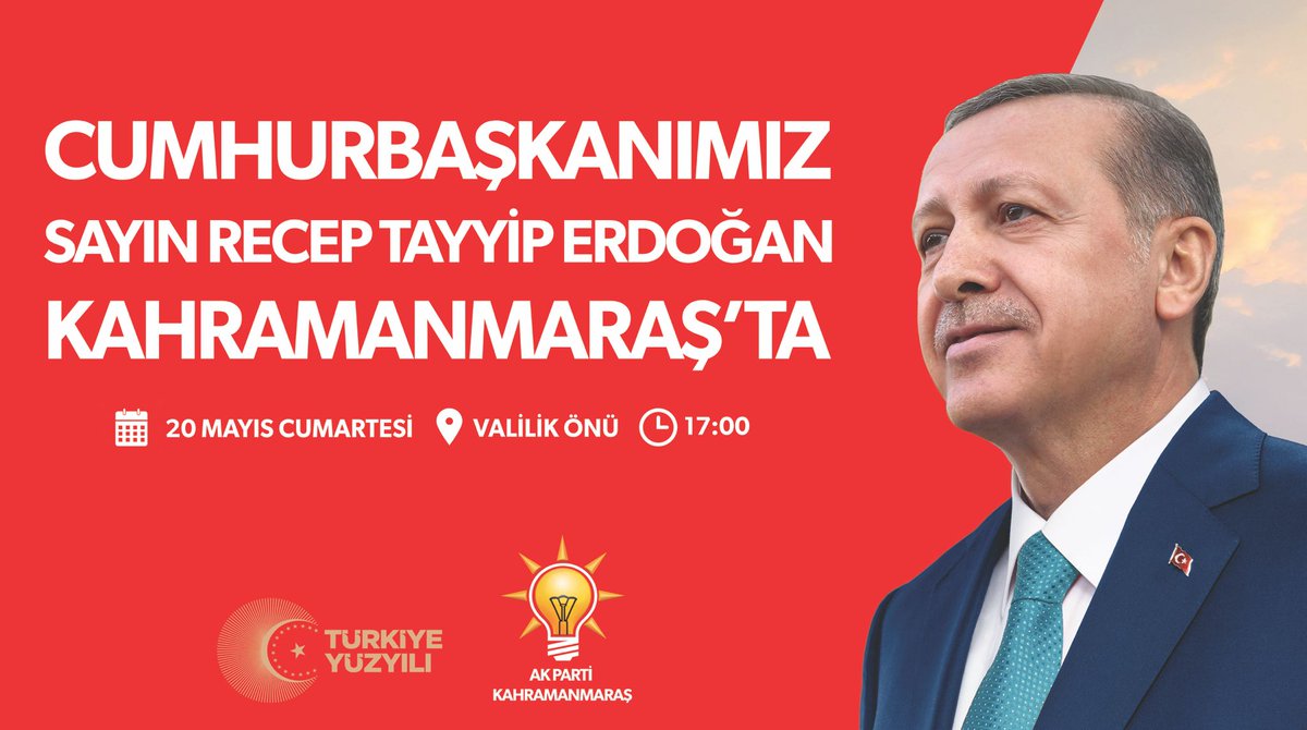 Cumhurbaşkanımız Sayın Recep Tayyip Erdoğan, Kahramanmaraş'ta!

🗓️ 20 Mayıs Cumartesi 
📍 Valilik Önü 
⏰ 17.00

#RecepTayyipErdoğan #Kahramanmaraş