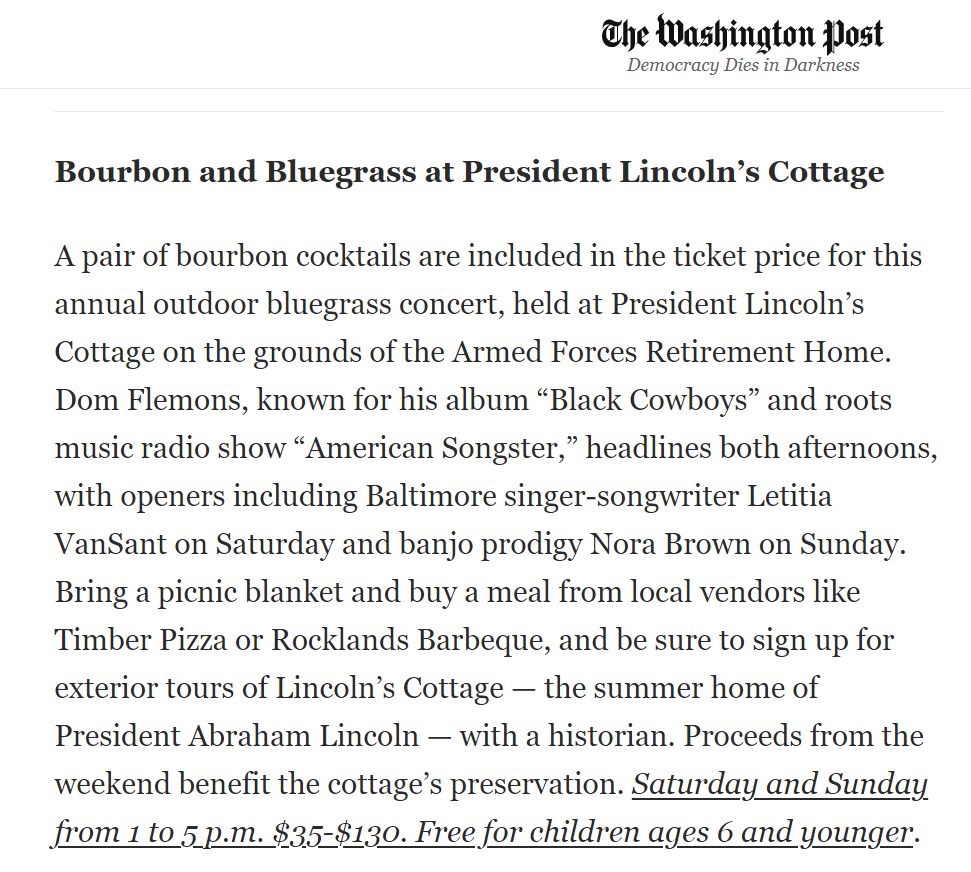 Thank you to the @washingtonpost for promoting #BourbonandBluegrass as a 'best thing to do' this weekend!  If you haven't purchased a ticket to this rollicking party for #preservation, do it today: eventbrite.com/e/bourbon-blue…
