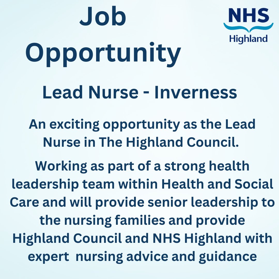 NHS Highland (@nhshighland) on Twitter photo An exciting opportunity as Lead Nurse in <a href="/HighlandCouncil/">The Highland Council</a>
You will be professionally & clinically accountable for the standards of nursing practice within Child Health, working as part of a strong health leadership team within Health & Social Care
👉 nhsh.scot/41PfFoE An exciting opportunity as Lead Nurse in <a href="/HighlandCouncil/">The Highland Council</a>
You will be professionally & clinically accountable for the standards of nursing practice within Child Health, working as part of a strong health leadership team within Health & Social Care
👉 nhsh.scot/41PfFoE