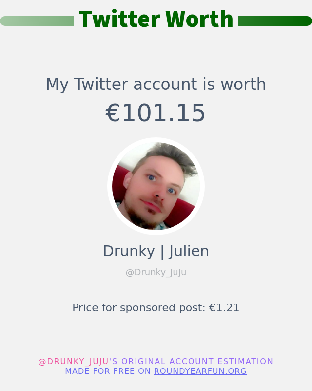 Drunky_JuJu's tweet photo. Mon twitter vaut: €101.15

➡️ https://t.co/w84kRq9OZX https://t.co/ZH5vD8DQkc