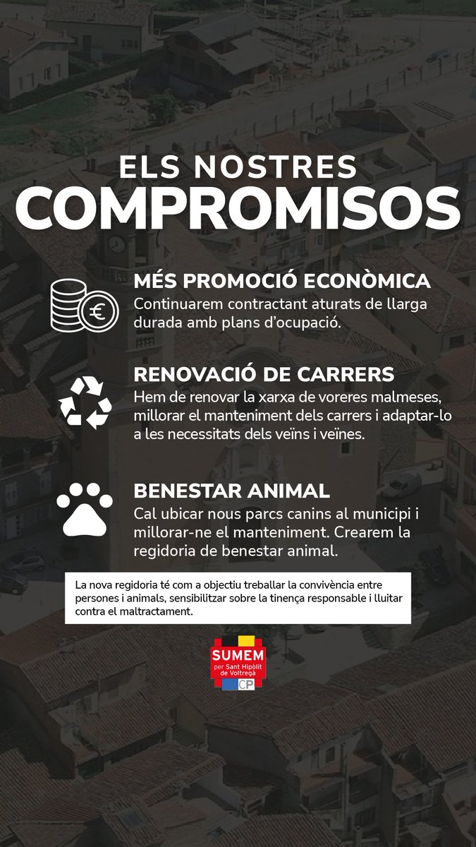 𝐄𝐥𝐬 𝐧𝐨𝐬𝐭𝐫𝐞𝐬 𝐜𝐨𝐦𝐩𝐫𝐨𝐦𝐢𝐬𝐨𝐬

💰 Més promoció econòmica
♻️ Renovació de carrers
🐶 Benestar Animal

Aquest 28 de maig, vota Sumem per Sant Hipòlit! 📩

#SumemxSHV #EleccionsMunicipals #VotaSumem #28M #Municipals28M #SantHipòlitdeVoltregà