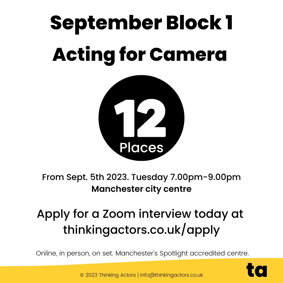 ThinkingActors's tweet photo. Looking for an acting that does 'the knowing' as well as 'the doing'? We've 12 places now open for our September block. Find out more at https://t.co/UVRFDzrv4u… and apply for a zoom interview #actingclass #actinglesson #manchester https://t.co/5SUDbMQThA