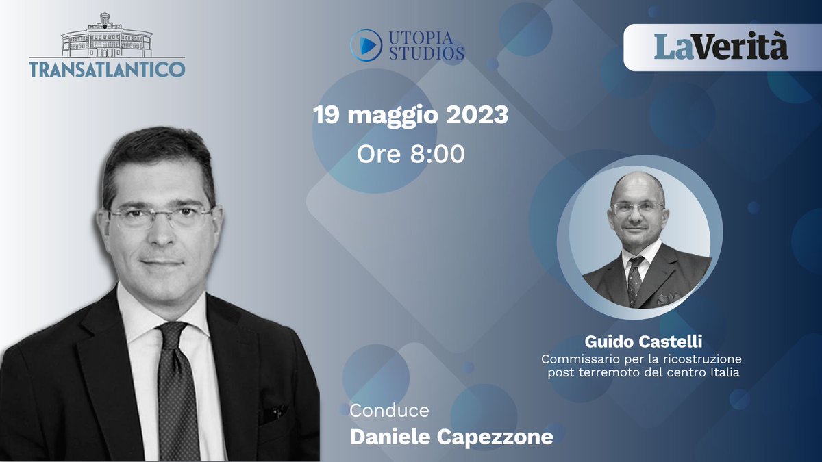 🗓️ Transatlantico, venerdì 19 maggio ore 8:00 I Il punto sul Piano nazionale per le Aree Sisma 2009 e 2016, dai progetti di ricostruzione a quelli per l’innovazione digitale sul territorio.   

Con <a href="/guidocastelli65/">Guido Castelli</a>. 

Conduce <a href="/Capezzone/">Daniele Capezzone</a>
Su: bit.ly/3RoR3z4