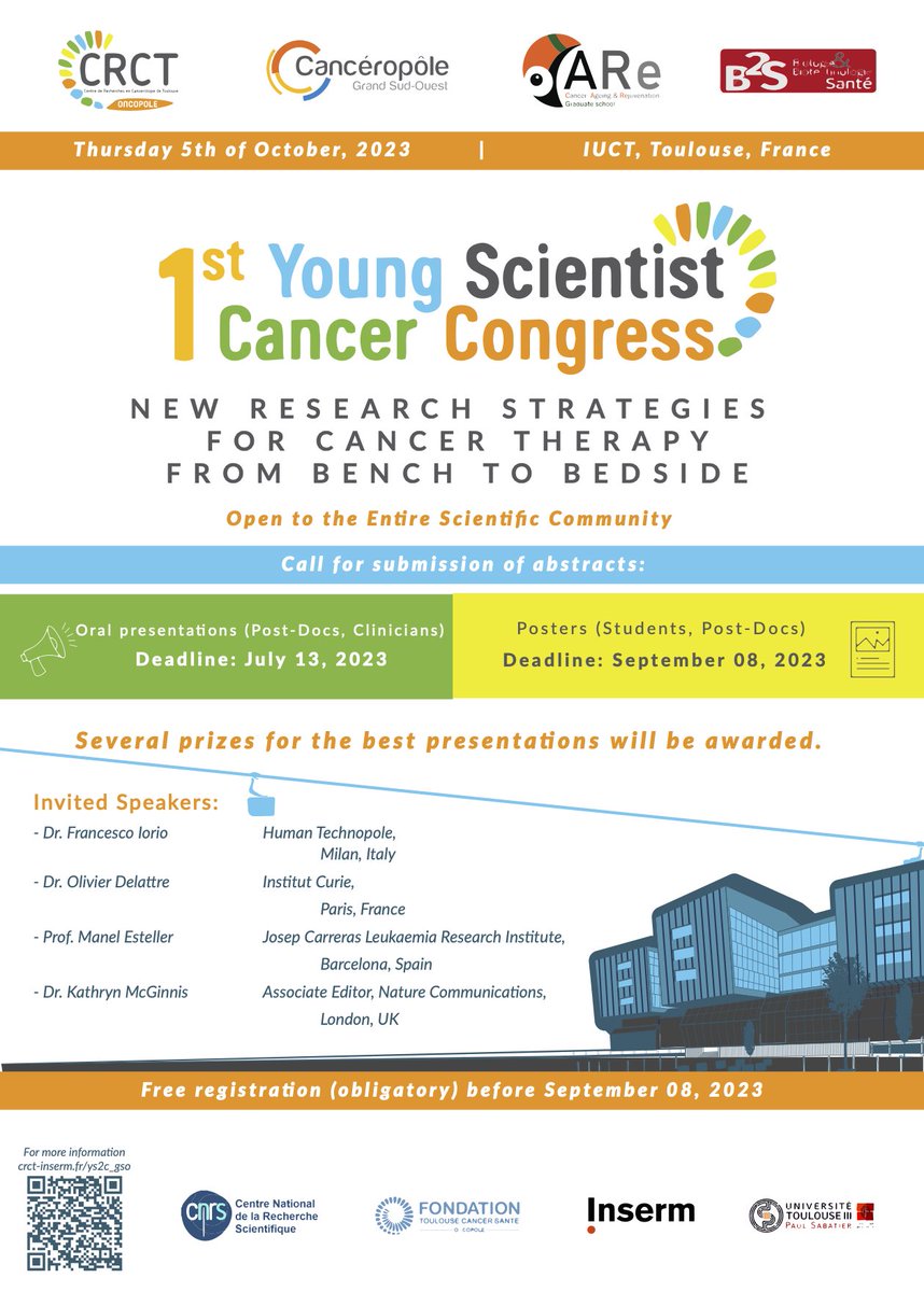 Thrilled to announce that we organize THE FIRST YOUNG SCIENTIST CANCER CONFERENCE in SOUTH-WESTER FRANCE #YS2C_GSO at the Cancer Research Center of Toulouse. Keynote lectures feature Manel Esteller (Barcelona), Olivier Delattre (Paris), and Francesco Ioro (Cambridge/Milan).