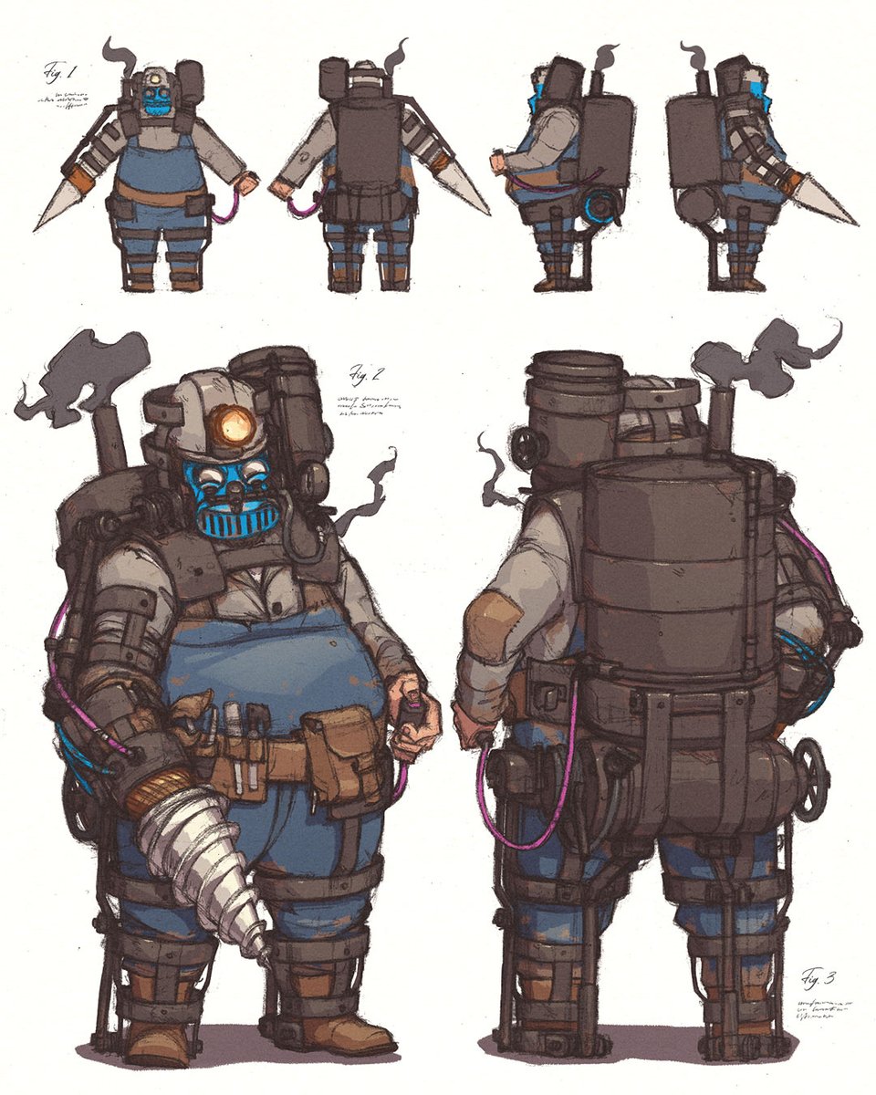 "Happy" Miner. Concept was to juxtapose the reality of working in the mines with the company's propaganda. For miners that lost an arm, the contraption fits them with a drill-hand. Described as a benefit by the company, but I designed it like a cage that they can't escape from.