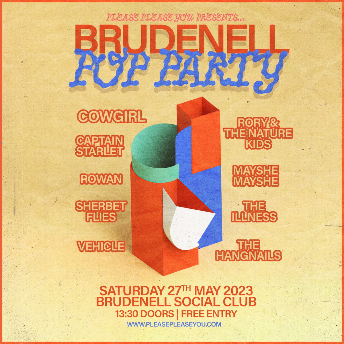 It's a Brudenell Pop Party! 🕺 On Saturday 27th May we host some of the best York bands at the moment to The Brudenell.⚡ FREE tickets below.👇 Ft. @cowgirlband / @captain_starlet / @MaysheMayshe & LOADS MORE!🤯 A @PleasePleaseYou presentation 🤝 ➡️ bit.ly/BrudPopParty