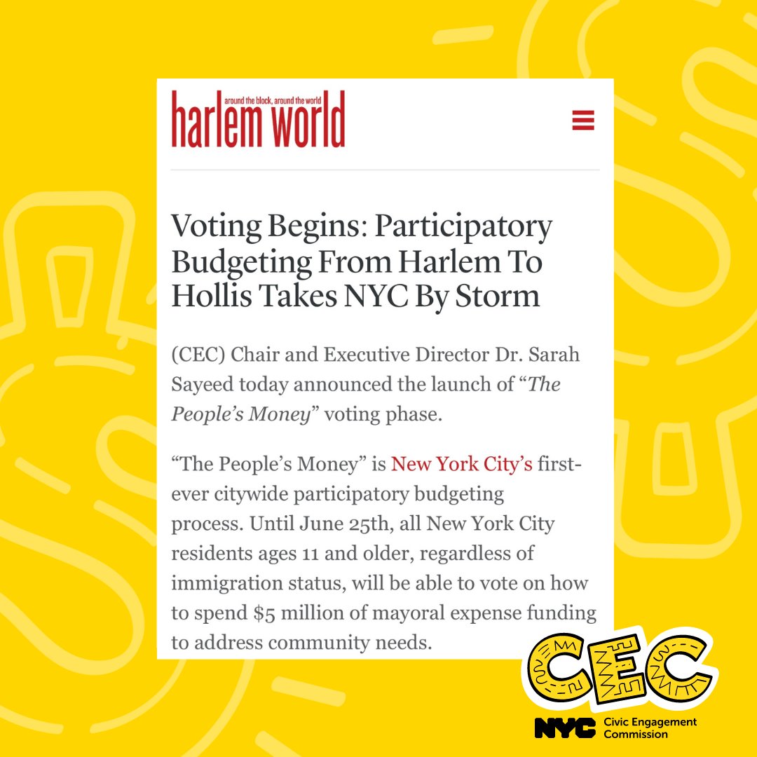 🗞️#ParticipatoryBudgeting takes NYC by Storm!

"The CEC has been focused on manifesting community power and meeting New Yorkers where they are at," shares CEC Chair and Exec. Director <a href="/SarahSayeedNYC/">Sarah Sayeed</a>.

Wonderful piece on #ThePeoplesMoney by <a href="/hwmag/">Harlem World Magazine</a> 👇
harlemworldmagazine.com/voting-begins-…