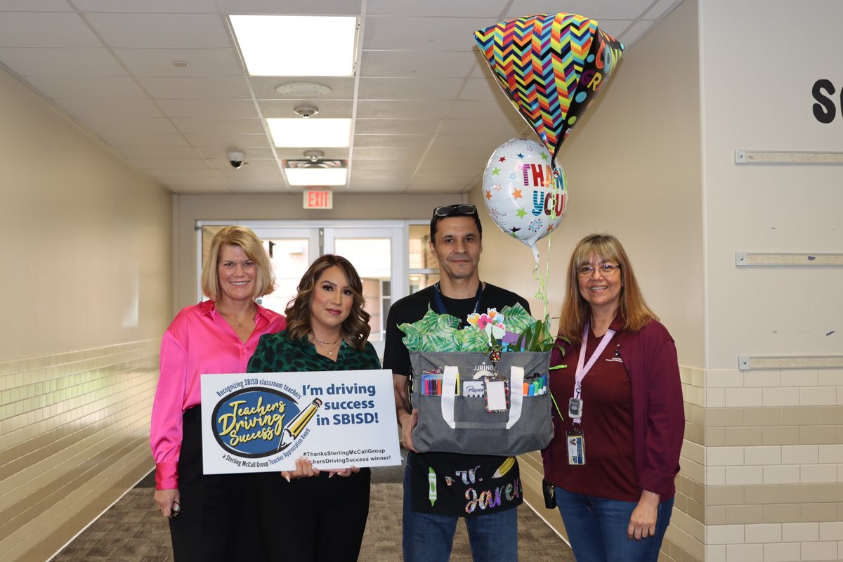 SBISD is proud to announce our May Teachers Driving Success winner, Juan Jarero, from <a href="/HBEhornets/">Hollibrook Elementary</a>! Mr. Jarero was surprised by <a href="/jennifer_blaine/">Jennifer Blaine</a> with the news &amp; was presented with a gift card thanks to our amazing sponsor, Sterling McCall Group. 📲 bit.ly/TeachersDrivin…