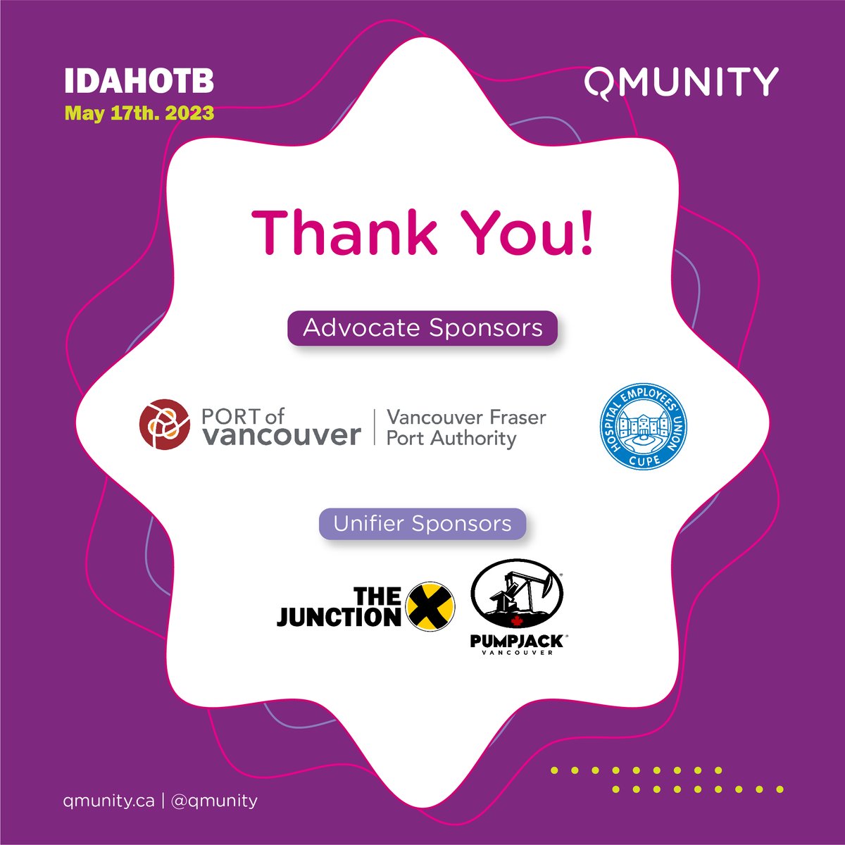 We want to extend a special thank you to our Presenting Sponsor, @Vancity, Champion Sponsor, @LawsonLundell, Advocate Sponsors @PortVancouver @HospitalEmploy2, Unifier Sponsors @TheJunctionPub @PumpjackPub for their commitment to improving the lives of 2SLGBTQIA+ communities.