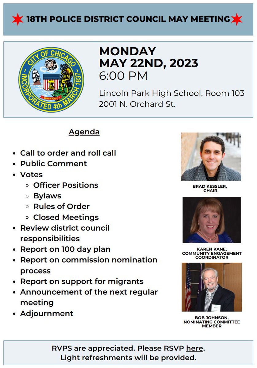 heartlca's tweet photo. The first community meeting of our new 18th District Council is at 6 p.m. on May 22 in Lincoln Park High School room 103 (more details in the flyer below). 

Learn more about CCPSA here: https://t.co/i87YJAaO5c https://t.co/trt7S3IwQ7