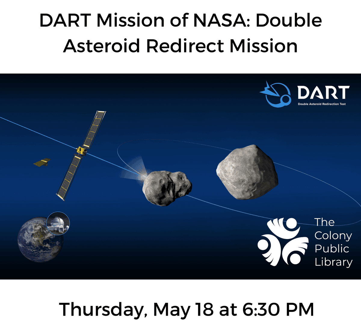 VisitTheColony's tweet photo. Countdown to liftoff! Thereโs plenty of space at @tcpltx to talk with NASA Solar System Ambassador Les Murray and learn about the DART (Double Asteroid Redirect) mission.
https://t.co/be9a4SV8Q6
#NASA #TheColony #Texas #TheColonyTX #VisitTheColony #VisitTheColonyTX #DFW https://t.co/fdeiIF9HPC