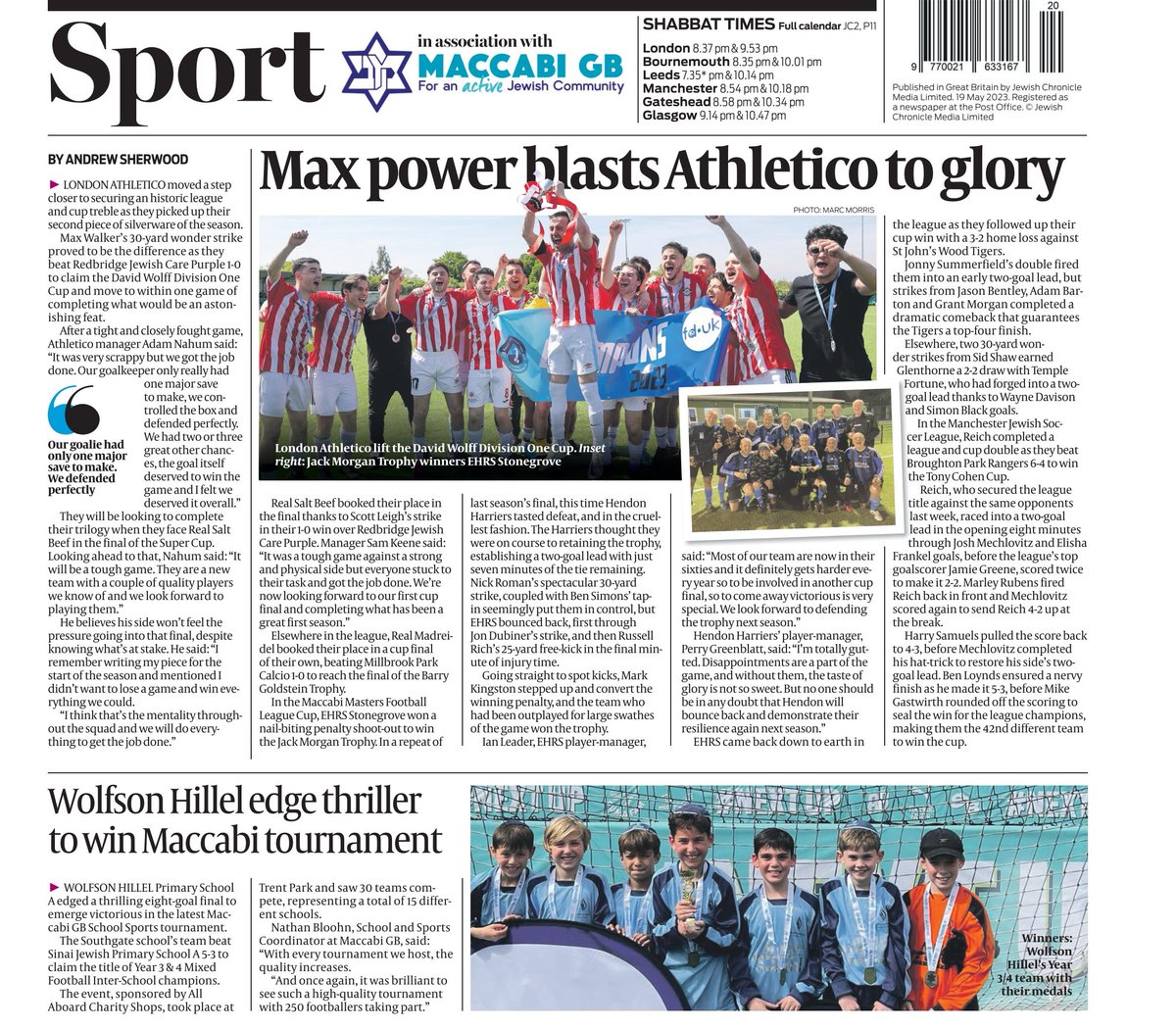 Maccabi GB (@maccabigb) on Twitter photo This week, The <a href="/JewishChron/">The Jewish Chronicle</a> Sports Back Page main piece covers the latest action from Maccabi GB’s affiliated teams and leagues, with the second article focusing on last week's inter-school tournament sponsored by <a href="/allaboardshops/">All Aboard Charity Shops</a>
Congratulations to <a href="/LondonAthletico/">London Athletico FC</a> 🏆 This week, The <a href="/JewishChron/">The Jewish Chronicle</a> Sports Back Page main piece covers the latest action from Maccabi GB’s affiliated teams and leagues, with the second article focusing on last week's inter-school tournament sponsored by <a href="/allaboardshops/">All Aboard Charity Shops</a>
Congratulations to <a href="/LondonAthletico/">London Athletico FC</a> 🏆