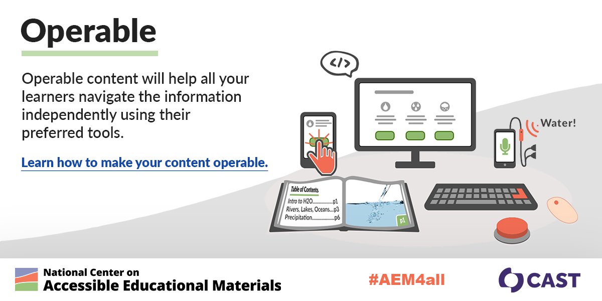 We're highlighting the POUR principles for #GAAD! Operable content means that learners can use various tools and interfaces with your materials, including #AssistiveTech. Learn more about the POUR principles: ow.ly/ZgHt50OqCuW @ED_Sped_Rehab @OfficeofEdTech #AEM4all #a11y