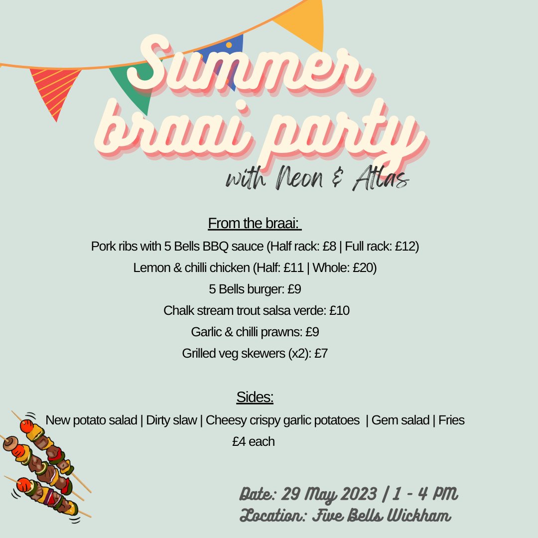 📣 Exciting Announcement! 🎉 Join us at Five Bells Wickham on Monday Bank Holiday, 29th May for an incredible event! 
🎵✨
Our mouthwatering Braai menu comes back featuring an array of delicious dishes cooked to perfection. 🍖🔥