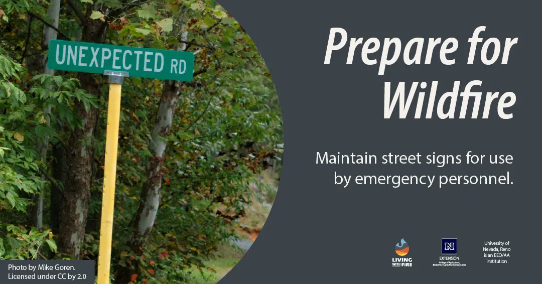 NevadaLWF's tweet image. Street signs help emergency responders navigate during a wildfire. Large, reflective signs should be posted at each intersection in your neighborhood. Learn more below. 

buff.ly/3Ojljwb 

#LivingWithFire #FireAdapted