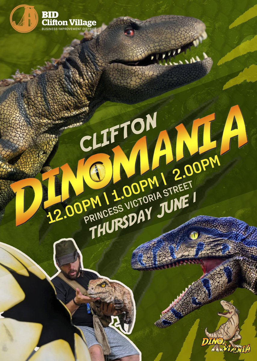 CliftonVillage's tweet photo. 🦕DINOMANIA IS COMING TO CLIFTON June 1st🦖 
#discoverclifton #cliftonvillage 
#visitbristol #cliftonvillage #clifton #bristollife #bristolevent #bristolevents #dinosaur #bristoldinosaur #bristoldinosaurs #kidsevents #familydayout #familyadventures #pointswest #bbcnews https://t.co/FlXW4XhC1d