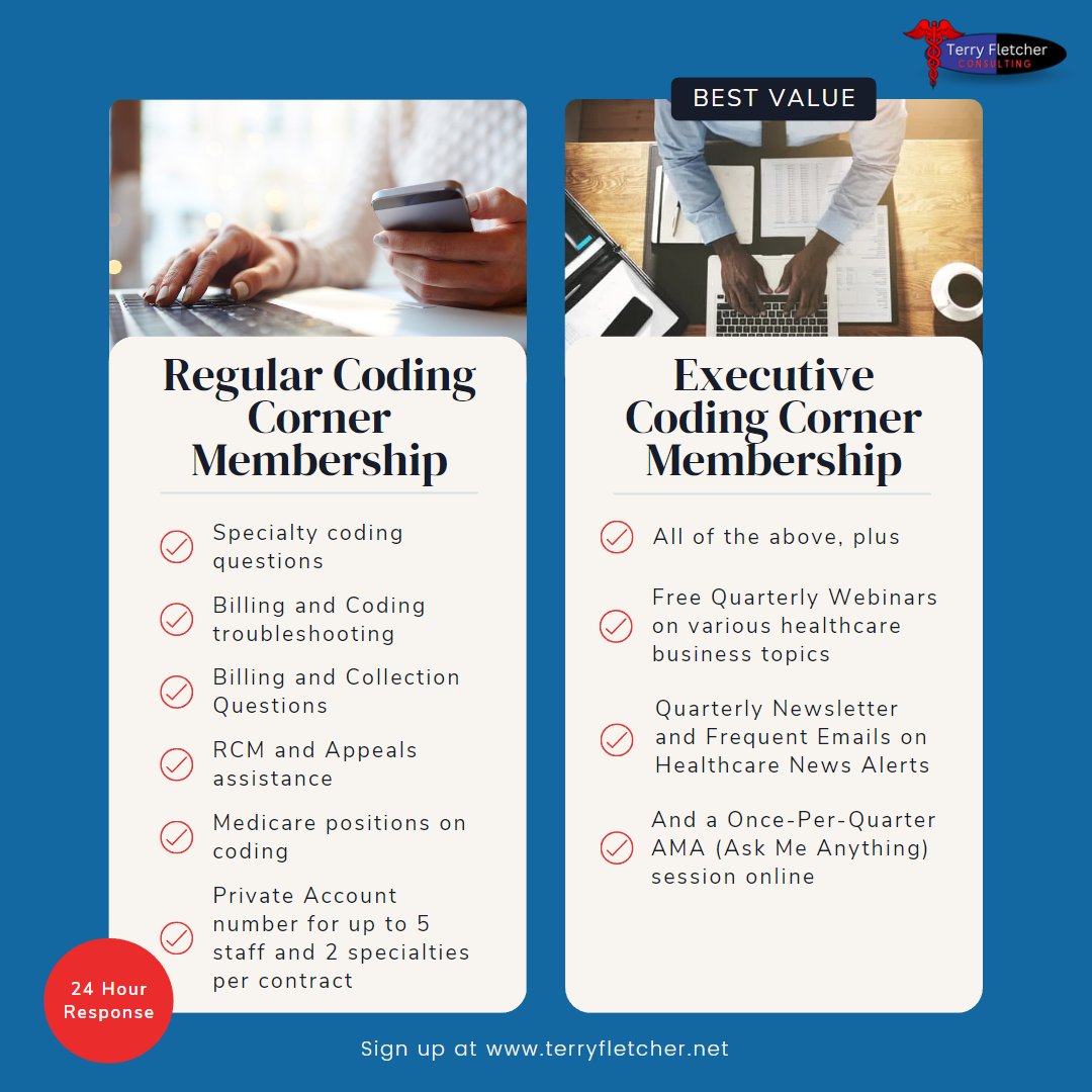 TerryCoder1's tweet image. Ready to Join the Coding Corner Network Membership?
By joining today, you will have access to Unlimted Speciality Coding Questions, RCM and Appeals assistance, and so much more! Join today and start reaping the benefits. For more information: rb.gy/msjvw1
#CodingCorner