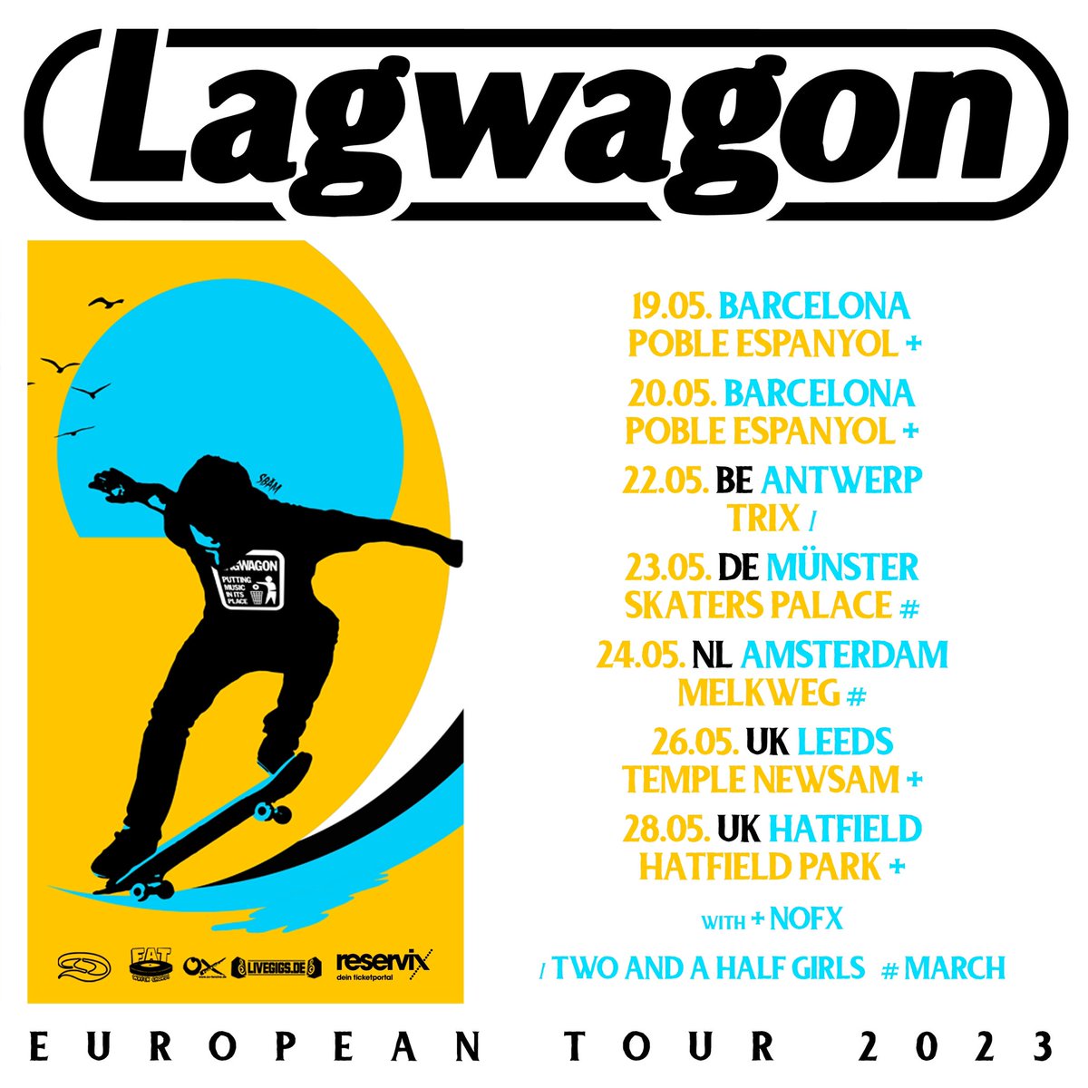 🚨EUROPE SHOWS KICK OF TOMORROW!🚨 2 nights in Barcelona with @NOFXband and friends, then headline gigs in Antwerp (Trix), Münster (@SkatersPalace) and Amsterdam (@melkweg), and ending in the UK. Catch us if you can! Lagwagon.com/tour 🤘🏽🎸✈️🍻👍🏽