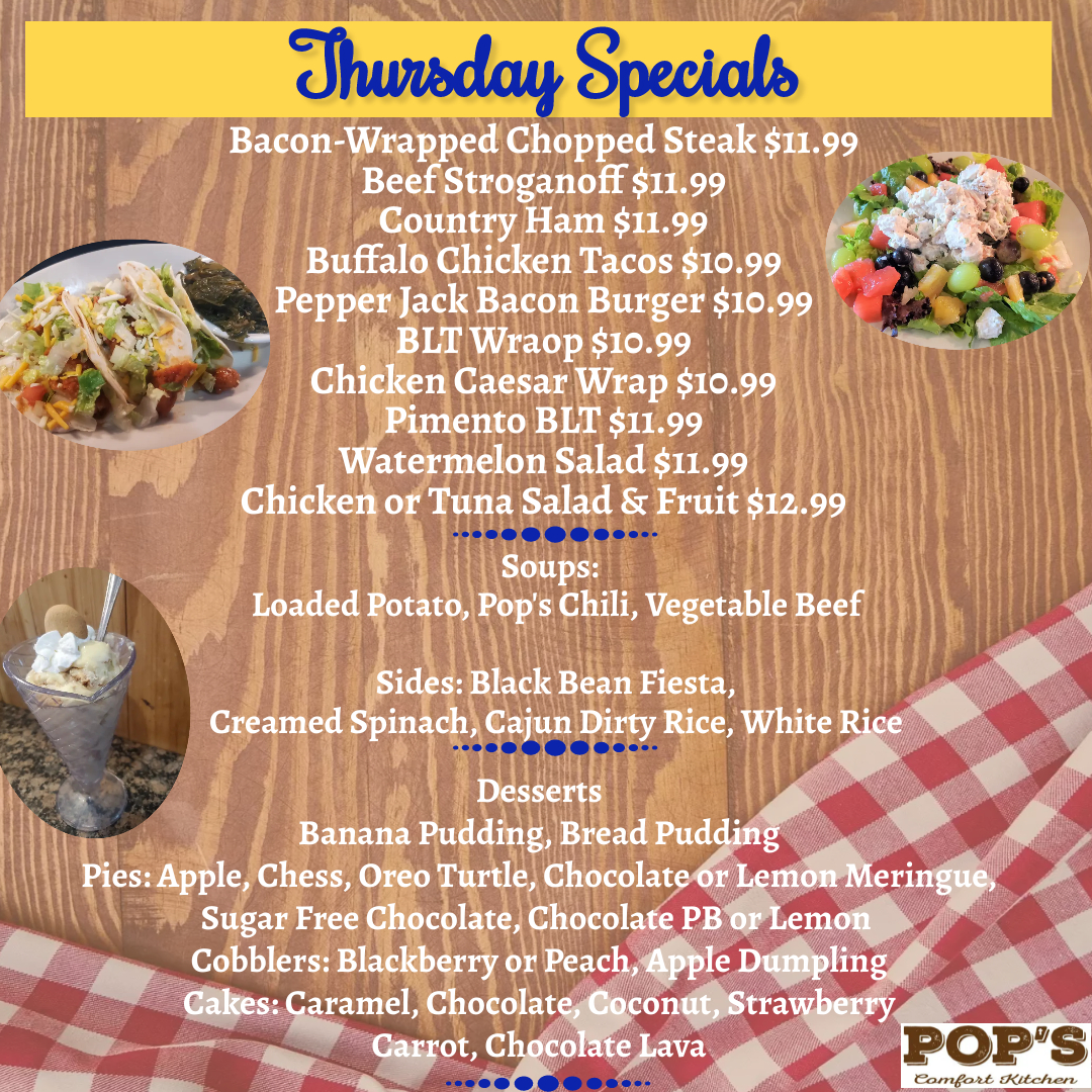 Salads, Sandwiches, Wraps, Veggies & More!

#thursdayspecials #choppedsteak #beefstroganoff #comfortfood #homecooking #901eats #memphiseats #ediblememphis #ilovememphisfood #ilovememphisblog #veggies #burgers #catfish # salads #sandwiches

 PopsComfortKitchen.com