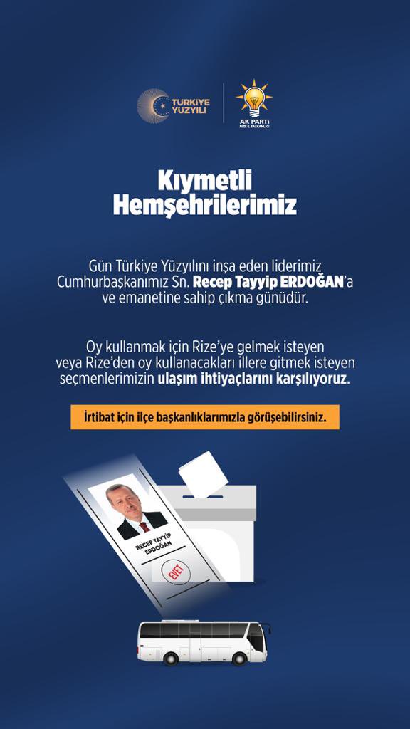 Oy kullanmak için büyük şehirlere gitmek isteyen veya Rize’ye gelmek isteyen seçmenlerimizin ulaşım ihtiyacını karşılıyoruz. #rize #akparti