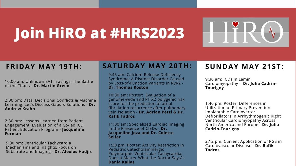 Heading to New Orleans for #HRS2023? Don't miss the excellent line-up of presentations by #HiRO researchers on a variety of #cardiogen topics! @CHRS_SCR @SCC_CCS @CANetInc_
