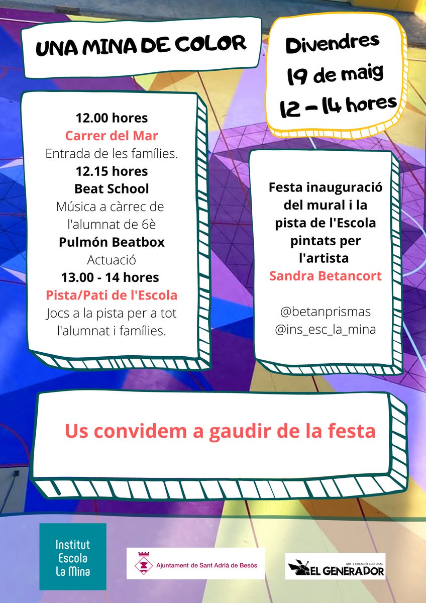 InsEscLaMina's tweet photo. Setmana cultural al #barriLaMina Festa d'inauguració del mural i la pista @sandrabetancort a l'Escola #elgenerador @hopbcn @PulmonBeatbox Projecte #BeatSchool #araArt @PsFundacio  #arturbà @AjSantAdria @pebMINA #identitat #pertinença #participació https://t.co/P5r3jdOxlB