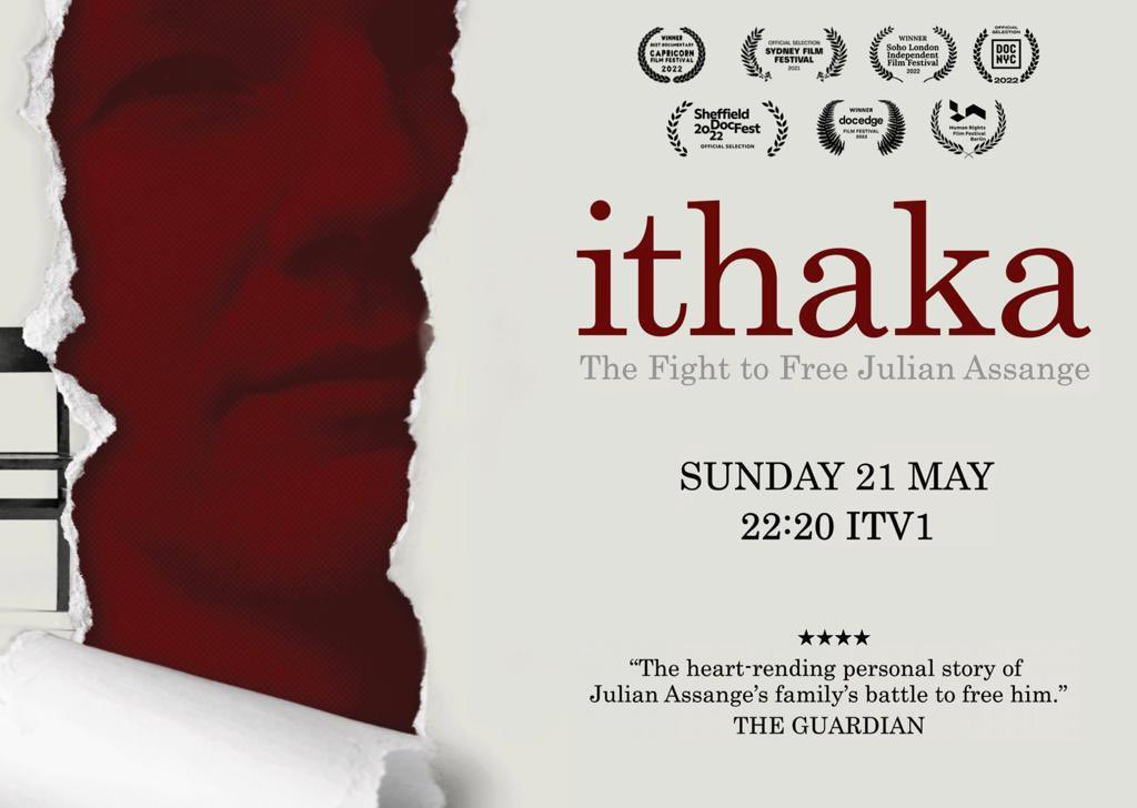 TheDocSociety's tweet photo. Exciting news that '@IthakaMovie: The Fight to Free Julian Assange' will be broadcast on ITV1 this Sunday 21 May at 22:20👏

Don't miss it! It will also show on @ITV digital platforms for 1 week 
@IthakaMovie 
@Stella_Assange
@adriandevant
@GabrielShipton
#JournalismIsNotACrime https://t.co/WQpjLrPErD