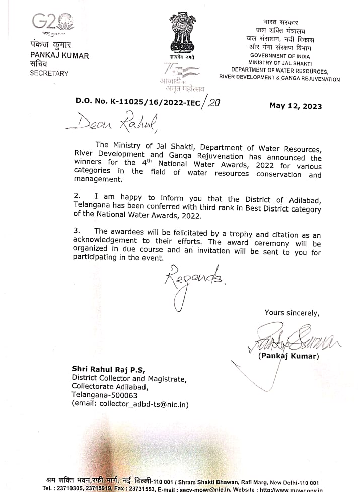 Congratulations to Adilabad District &Team for winning 3rd prize in National water awards 2023 in Best District category for watermgmt &Recharge through pallepragati,irrigation, haritharam etc @Collector_ADB @TelanganaCMO @KTRBRS @EDRBRS @BRSHarish @TelanganaCMO @JalShaktiMin