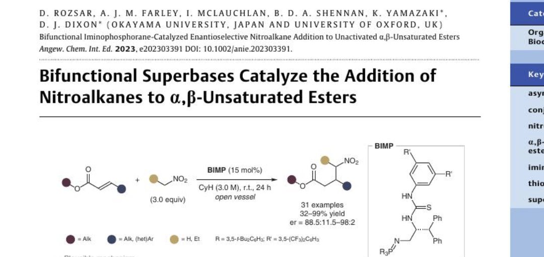 Great to see our recent BIMP-catalyzed addition of nitroalkanes to unsaturated esters has been highlighted in Synfacts! <a href="/thiemechemistry/">Chemistry at Thieme</a> 
Check it out:
thieme-connect.de/media/synfacts…
And if you missed the paper:
onlinelibrary.wiley.com/doi/10.1002/an…