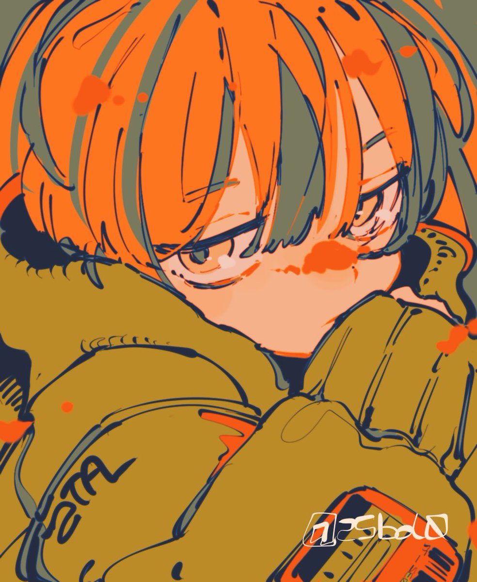 solo orange hair 1girl looking at viewer bangs sleeves past wrists jacket  illustration images