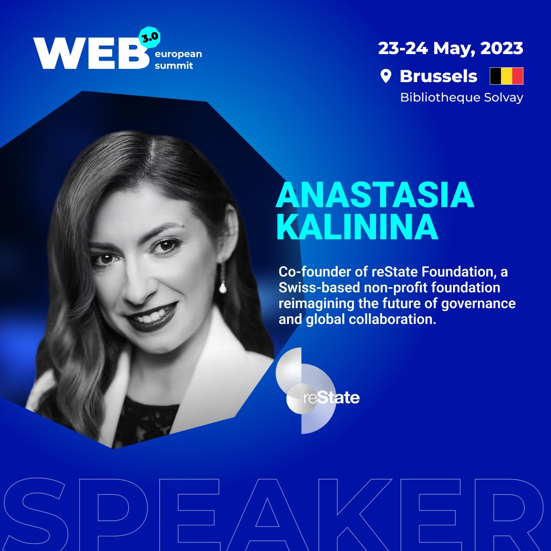 Happy to welcome Anastasia Kalinina <a href="/anastasia_ka/">Anastasia Kalinina</a>, Co-founder of reState Foundation <a href="/wearerestate/">reState</a>, as the #Web3eurosummit speaker.

Please apply to join the #web3 Summit: web3eurosummit.eu

#EW3S