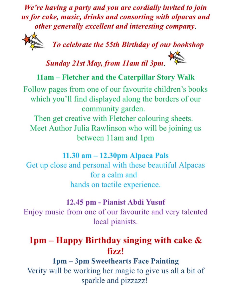Don’t forget to join us at the bookshop this Sunday 11am till 3pm to celebrate 55 years of the bookshop! 📚💫

Check out what’s happening throughout the day! 🦙 🦊 🎹 🥂 🍰 🎨 💫

#indiebookshop #bookshopbirthday #kenilworthbookshop