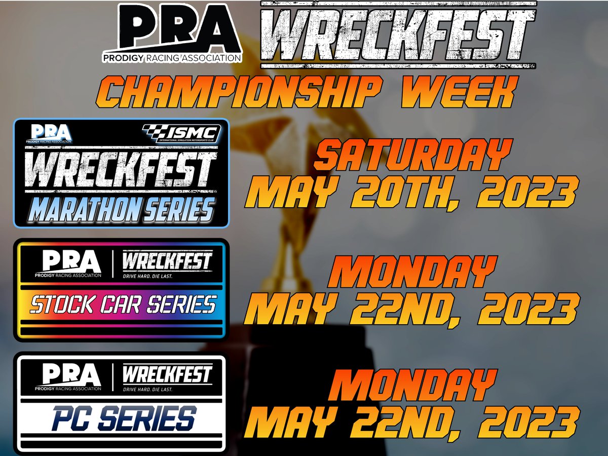 CHAMPIONSHIP WEEK IN PRA WRECKFEST PC!  9 total divisional championships are up for grabs!
Demo Derby, Banger Racing, Trophy Trucks, RallyCross, Sports Cars, Street Stocks, Marathon Cup, Stock Car Series, and PC Series!