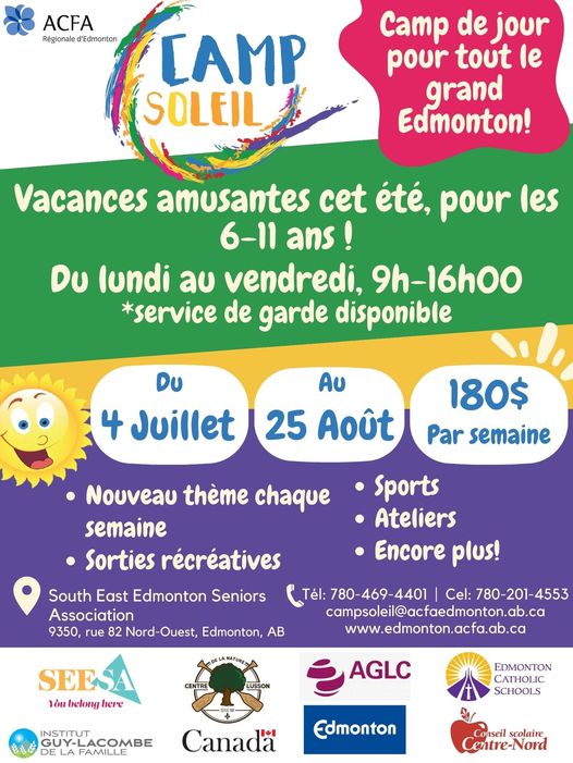 Vivez l'été en français au camp Soleil 2023!  
Cliquez le lien pour accéder aux inscriptions dès maintenant! 
form.jotform.com/231337712583254