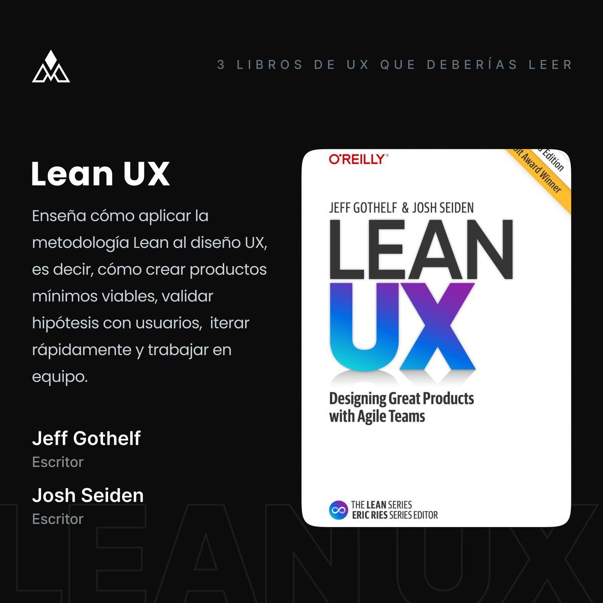 siuxco's tweet photo. — Lean UX, de Jeff Gothelf y Josh Seiden
Este libro te enseña cómo aplicar la metodología Lean al diseño UX, es decir, cómo crear productos mínimos viables, validar hipótesis con los usuarios, iterar rápidamente y trabajar en equipo. https://t.co/bzs97bOsqf