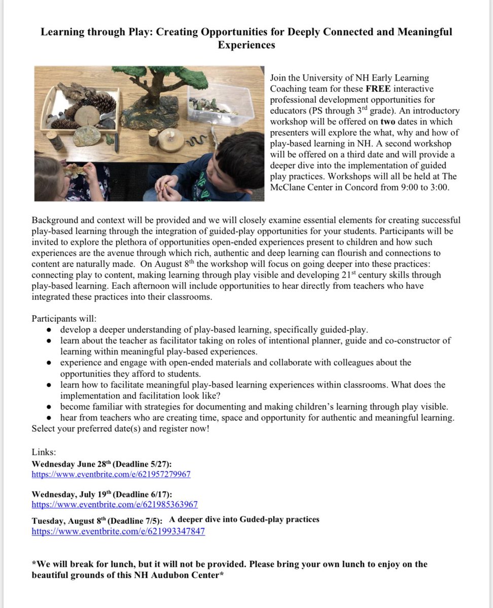 NHplaybased's tweet image. Choose the #playbasedlearning workshop that would best meet your needs and join us this summer at the NH Audubon Center!