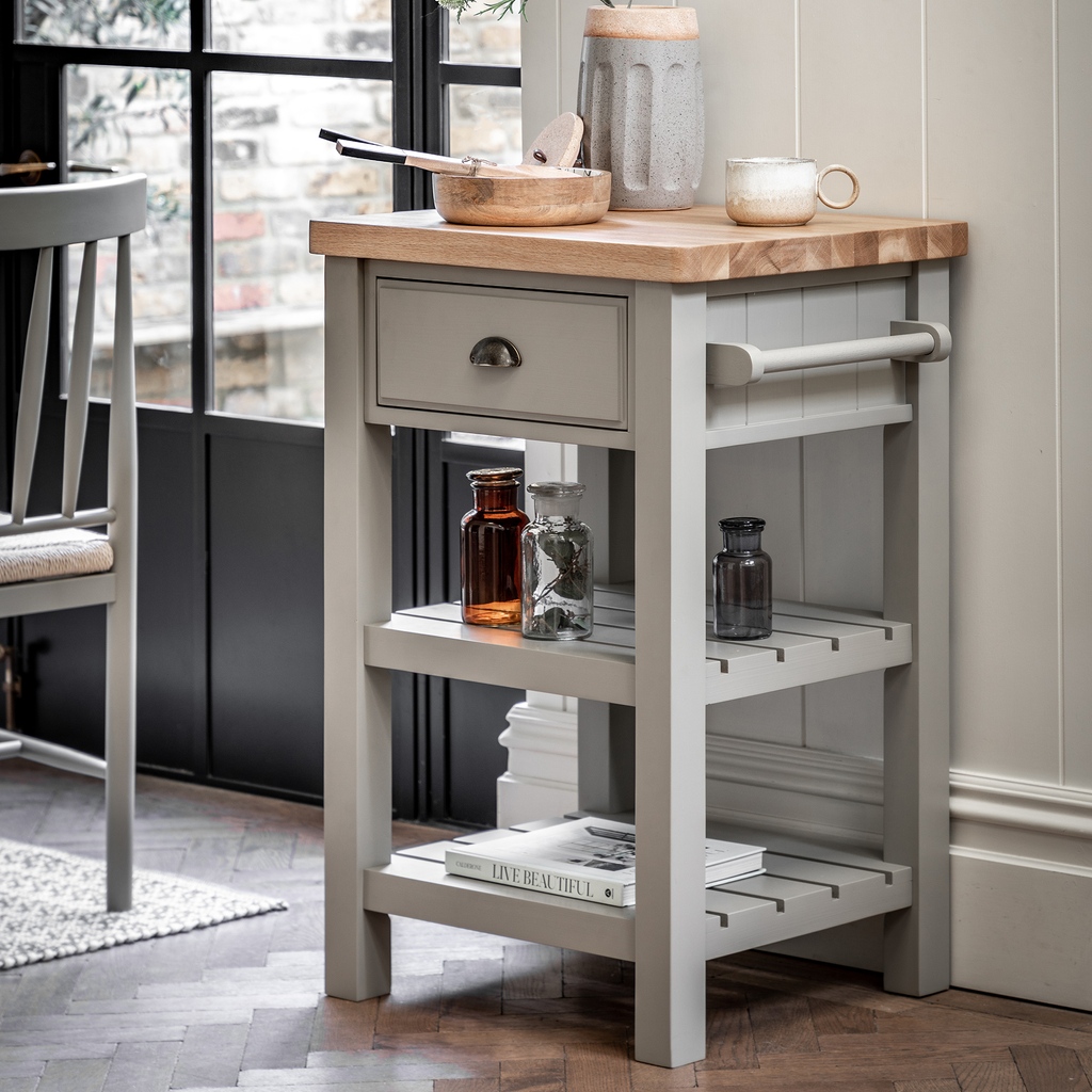 Add a little extra workspace and storage to any kitchen with our Eton Butchers Block. With a solid oak top sturdy enough for daily use, 2 shelves, handy hanging rail and drawer, this butchers block is a practical addition to any kitchen. #newlaunch #ss23 #springsummer23⁠
