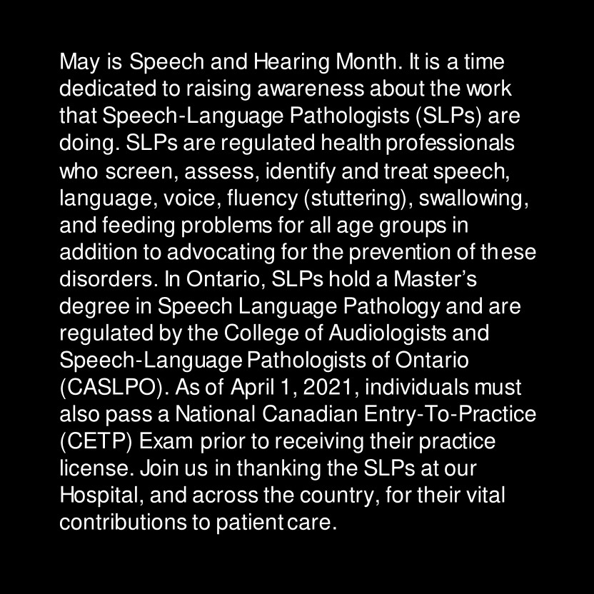 TBRHSC_NWO's tweet image. May is #SpeechandHearingMonth. It is a time dedicated to raising awareness about the work that #SpeechLanguagePathologists (SLPs) are doing. 👇🏼 #TBay #TBRHSC #onhealth