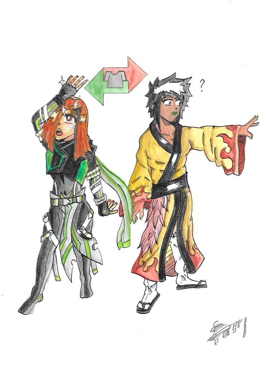 TheSplascher's tweet photo. A Clothing Exchange between one of my OC's and Arizona from Myth by @DrawinglikeaSir . I tryed Aquarell with ink lines. https://t.co/ieGYaYoel5